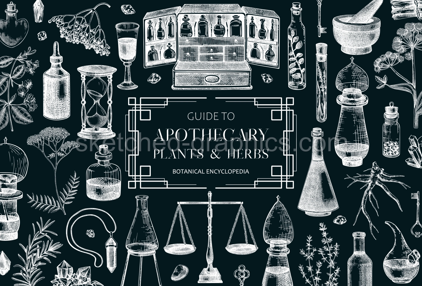 Antique apothecary background design. Herbal medicin hand-drawn vector illustrations. Alchemy sketches on chalkboard. Vintage chemistry banner. NOT AI generated Illustration